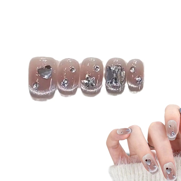 Kortare Press-on Naglar Medium Kista Nagelkonst med 3D Lyxig Design Återanvändbara Falska Naglar 10st med Relaterat Nagelset 4 Storlekar
