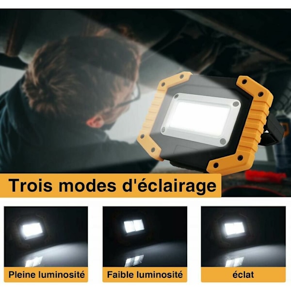 Uppladdningsbar LED-strålkastare 30W Byggplatsstrålkastare Arbetsljus med 2X COB bärbar USB LED-strålkastare för camping, 3 lägen, (1 st)