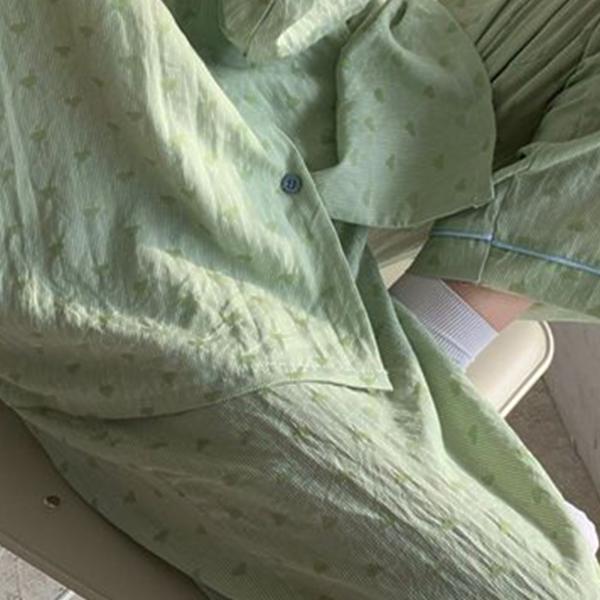 Dam Pyjamas Set med Långärmad, Söt Liten Grön Hjärtatryck, 2-Delar, Sovrumskläder för Höst/Vinter, Grön, Storlek M