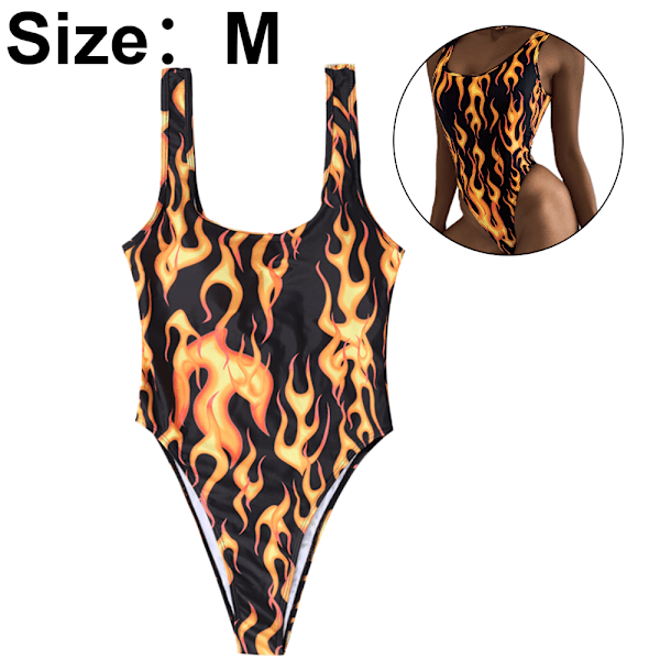 Dam One Piece Flame Print Hög Utskuren Bodysuit Baddräkt Bikini Badkläder Badkläder Rave Kostym