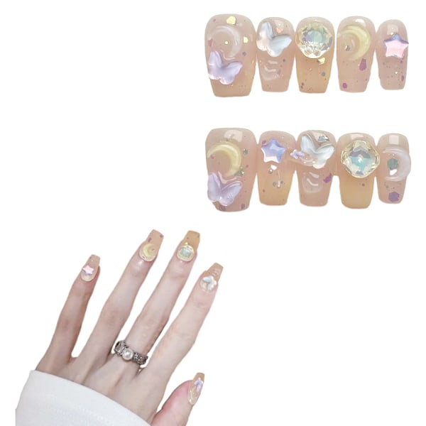 Kortare Press-on Naglar Medium Kista Nagelkonst med 3D Lyxig Design Återanvändbara Falska Naglar 10st med Relaterat Nagelset 4 Storlekar