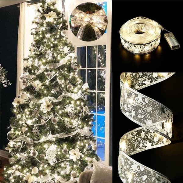 Christmas Tree Lights with Ribbon, Silver Ribbon Lighting with Copper Wire, Ribbon Bows, String Lights Silver[TT] silver The lights