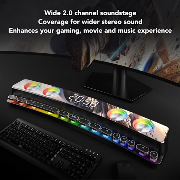 Bluetooth-högtalare för dator HiFi Subwoofer Dynamisk RGB PC-spelhögtalare med FM-radio väckarklocka 13 mekaniska tangenter Svart