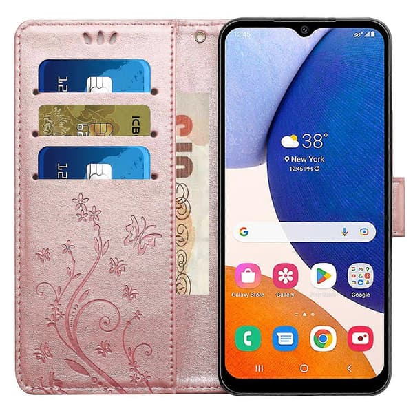 Futteral til Samsung Galaxy A55 5G med sommerfugllær, telefonfutteral med stativ og lommebok Rose Gold