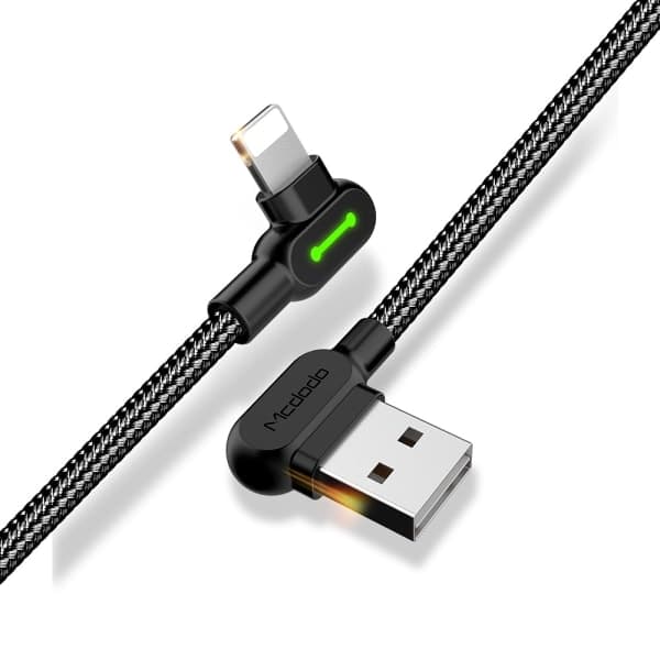 McDodo CA-4679 Vinklet Lightning-kabel, LED, 2A, 3m, sort
