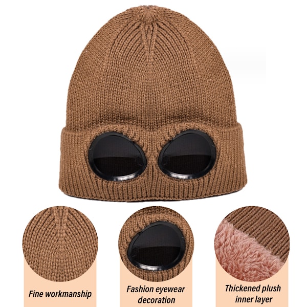 Unisex Ull Stickad Goggles Beanie, Varm Vinter Stilfull Hatt Utomhus Sportmössa