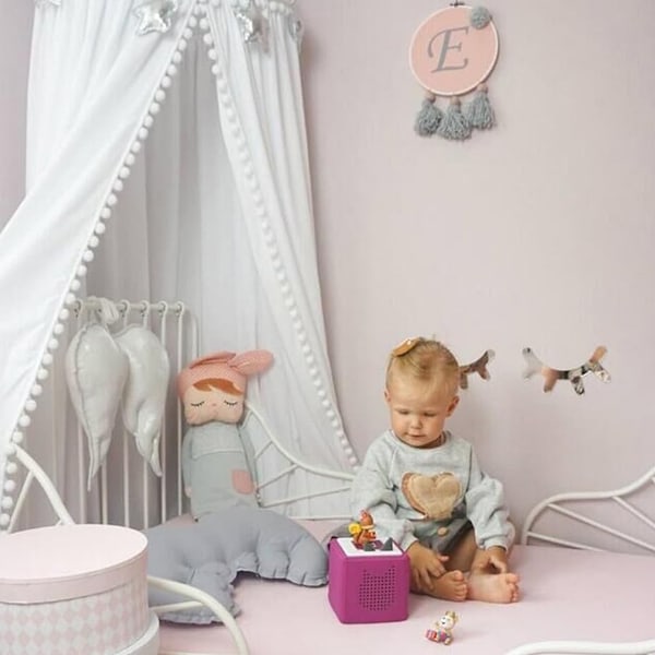 Sänghimmel för barn med pompom i bomull för spjälsäng, babyflicka, nätöverdrag, sänghimmel, spjälsängsdraperi, läsnook, hängande tält, plantskola, lek, spel, slott