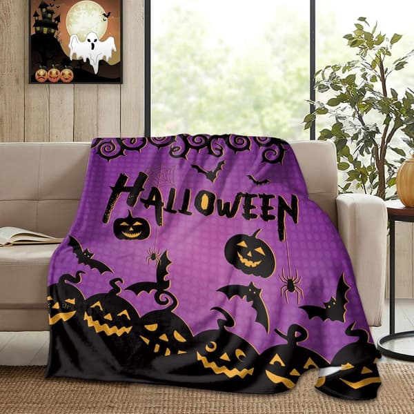 Halloween tæppe Græskarprint Blødt Fleecetæppe 150x200cm Lilla Sort Hyggelig Efterår Vinter Indretning[TT]