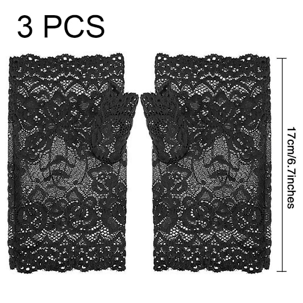 3 Par Kvinde Lace Fingerløse Handsker Kort Blomster Bryllup Fest Kjole Handsker, Fest Kostume Favorer
