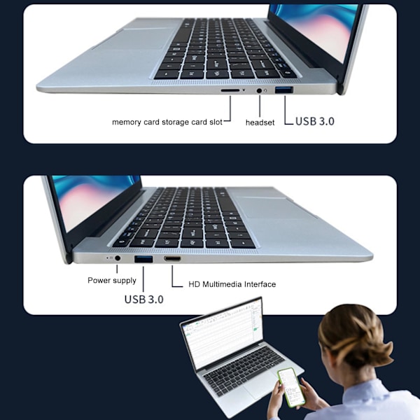 14,1 tums FHD Laptop Ultra Slim 8GB DDR4 RAM för Intel Celeron J4105 Processor Laptop PC för Windows 10 11 100‑240V 256GB EU-kontakt