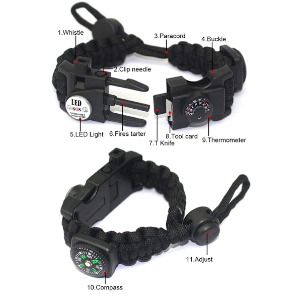 Justerbart armband, 7-kärnig 5-i-1 nöd-sportarmbandsutrustningssats Vattentät, Kompass, Multiverktyg Vildmarksäventyr Paraplyrep Armband