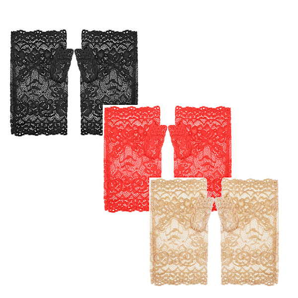 3 Par Kvinde Lace Fingerløse Handsker Kort Blomster Bryllup Fest Kjole Handsker, Fest Kostume Favorer