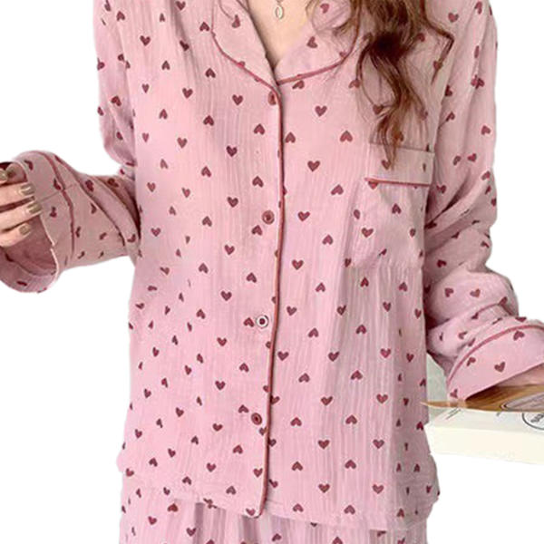 Dam Pyjamas Set med Knappar Långärmad Hjärtmönster Nedåtvänd Krage Lös Mjuk Dam Nattkläder för Vår Höst Hem Rosa L