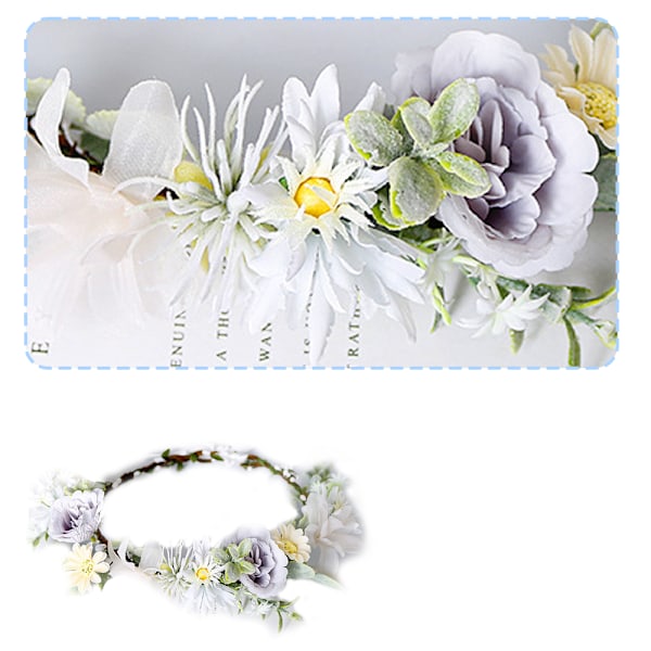Boho Blomsterhovedbånd Hårkrans Blomsterkrans Krone Halo Hårpynt med Bånd Bryllup Festival Fest