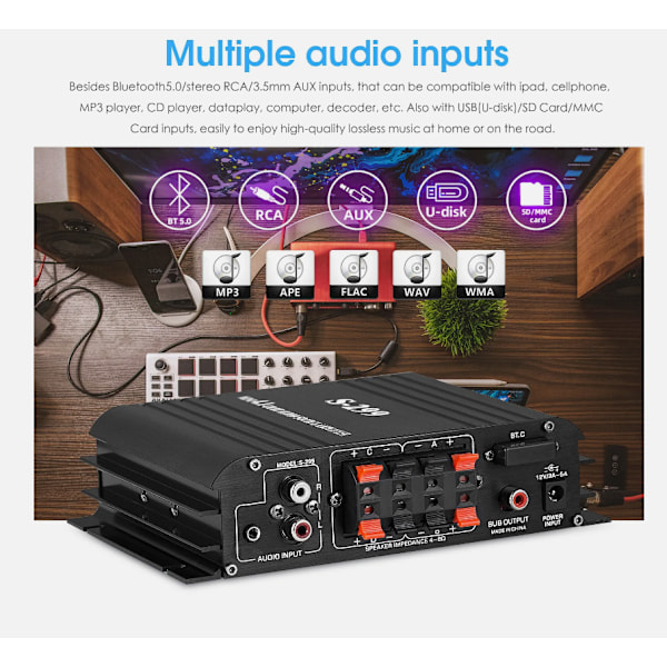 4-kanals Digital Forstærker med Bluetooth 5.0 til Hjem/Bil/Marine Amp USB Afspiller