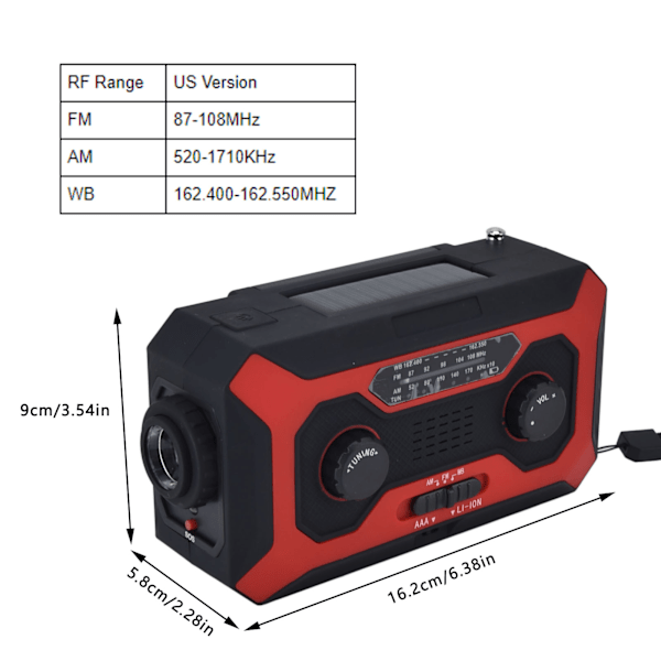 Håndsveiv Nød Væradio AM/FM Bytte Batteriindikator Lommelykt Solcelle Power Bank for Utendørs Camping Rød US Versjon