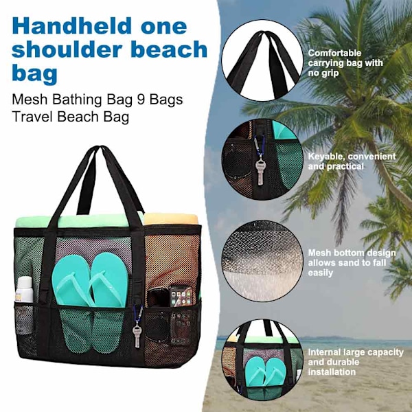 Stor Strandtaske Pooltasker, Mesh Strandtaske til Legetøj, Håndklæde, Flip-Flops, Strandtaske, 42*38*20cm