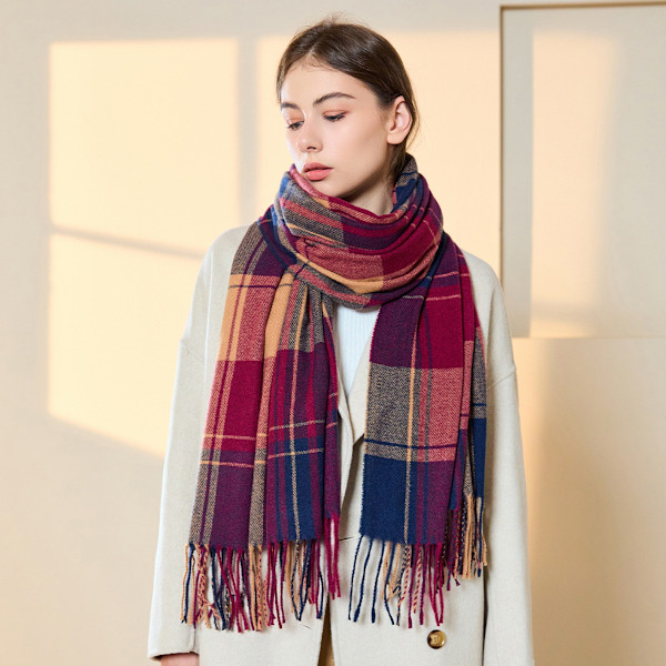 Lange pledd-sjal i chunky-strik for kvinner - Overdimensjonert vinter/høst-sjal i varm tartan