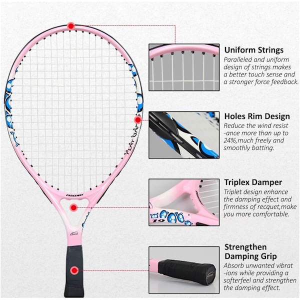 Junior Tennis Racket Rekreasjons Tennis Racket Forhåndstrengt Lett Hodebalanse for Begynnere Ungdom Barn, God Kontrollgrep