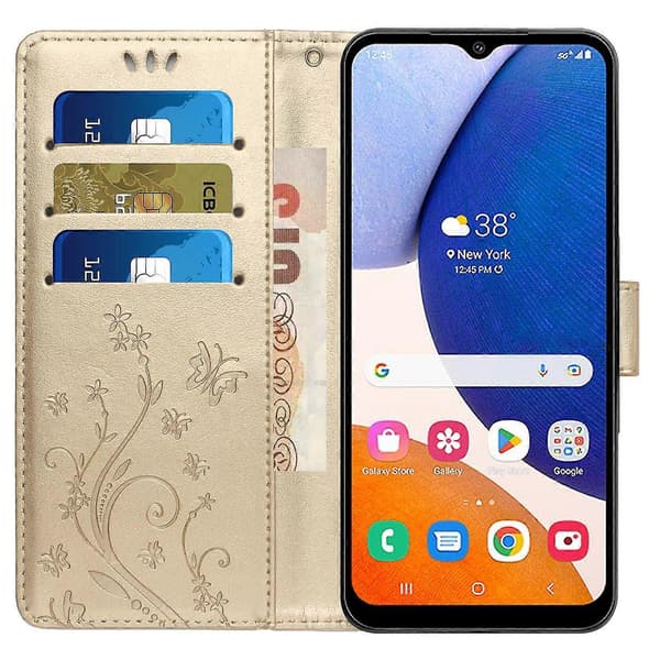Futteral til Samsung Galaxy A55 5G med sommerfugllær, telefonfutteral med stativ og lommebok Gold