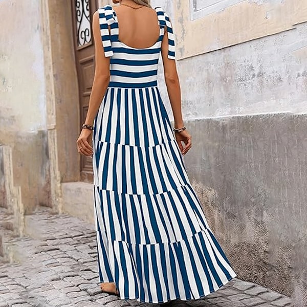 Sommerkjole for kvinner, uten ermer, spaghettistropper, lang, blomstrete maxi-kjole, boho, A-linje, strandkjole