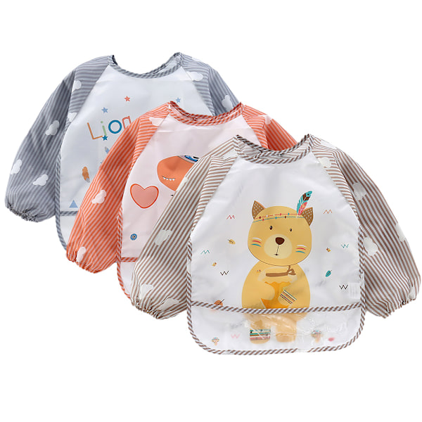 3-pack Baby Långärmad Vattentät Babysallad Fullt Täckande Förkläde Smock Småbarnssallad med Fickor