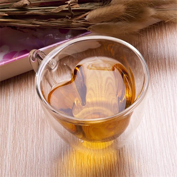 Hjärtformad Dubbelväggig Glasmugg Resistent Kung Fu Teemugg Mjölk Citronjuice Kopp Dryckesälskare Kaffe Koppar Mugg Present