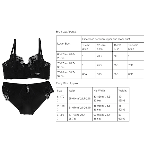 Spetsbh-set Underkläder Blommig Justerbar Rem V-ringad Transparent Bh Trosset för Kvinnor Svart 70B