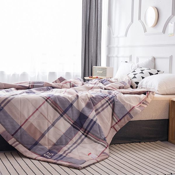 Tvättad Grid Queen Sommar Luftkonditionering Comforter Quilt Täckfilt för Barn Vuxna (S)