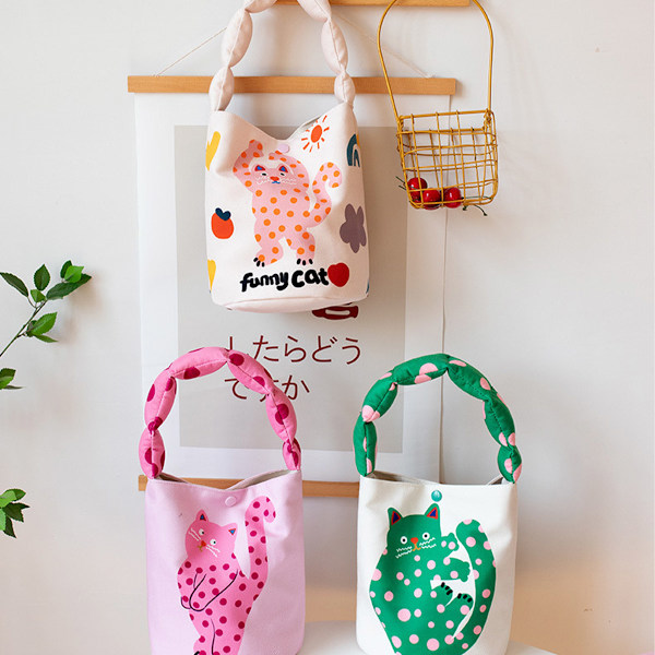 Canvas Tote Aesthetics - Kvinners Handlepose for Handleposer og Skole med Søt Katt Bucket Canvas Bag