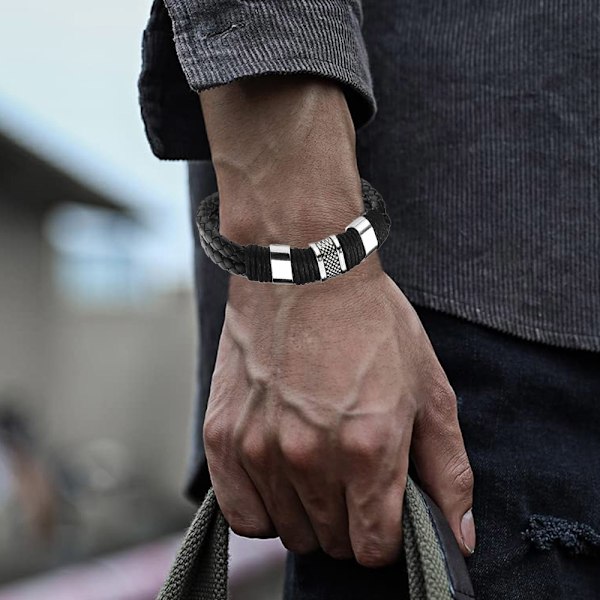 Armband för Män i Läder med Svart Magnetisk Rostfritt Stål Spänne Handledsmanchett