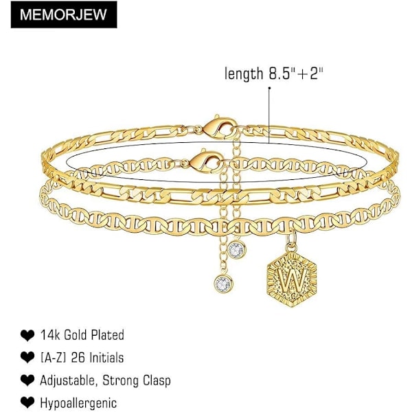 Initial Anklets för Kvinnor, 14K Guldpläterade Dubbla Lager Initial Anklets Smycken för Kvinnor Tonårsflickor