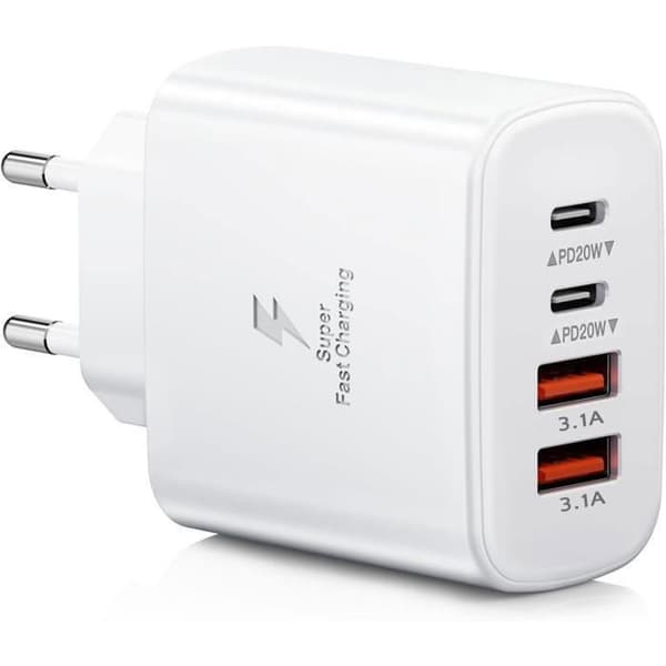 40W USB-C Wall Charger – 4 Ports (PD + QC) – Multi-Device Charger Compatible with iPhone, Samsung, iPad, and Tablets