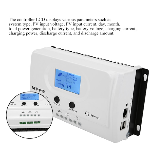 MPPT 12V/24V/20A Solcellsinverter med LCD-display och kabel