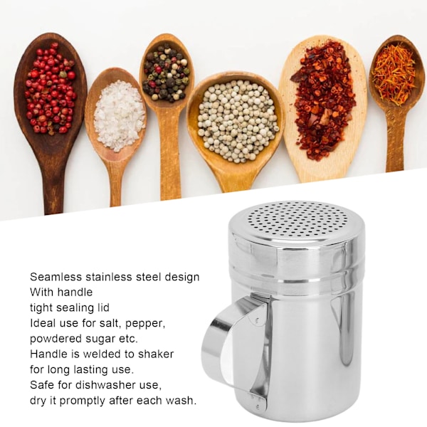 2 stk Rustfritt Stål Dredge Shaker med Lopp og Håndtak Salt Sukker Shakers Krydder Pepper Shaker for Matlaging Baking