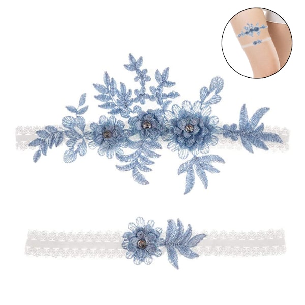 2 st Bröllopsstrumpor Set Spets Brudstrumpa Elastisk Blommig Strumpa för Brud Blå och Vit