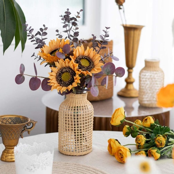 Glasblommavas med rottingöverdrag Blomknoppvas Rund Dekorativ Blomvas Blomsterbehållare Bondgård Blomflaska för Blomsterarrangemang