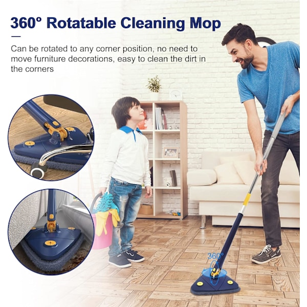 Triangelmopp 360° rotation, justerbar mikrofibergolvmopp Automatisk vattenpressning med 5 mikrofiberersättningshuvuden, enkel rengöring av döda