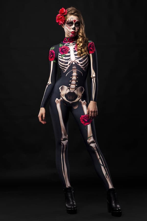 (XS) Halloweenkostume til kvinder, helkropsskelet til voksne