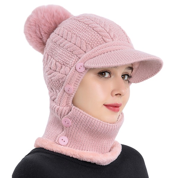 Dam vintermössa hattar en-delad fleecefodrad stickad balaclava mask set skalle hals cirkel halsduk skid snö hatt mössa med pompom