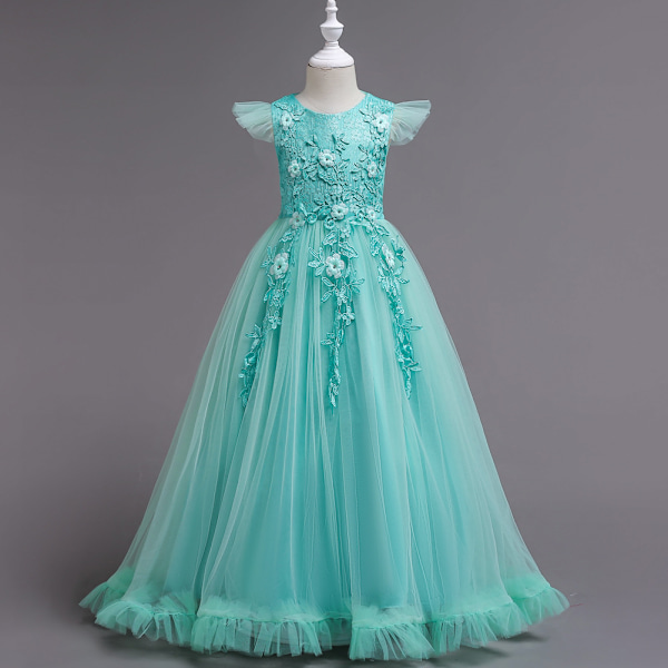 Barnklänning för flickor, blomsterflickeklänning, prinsessklänning, spetsbroderad, lång Green 130cm