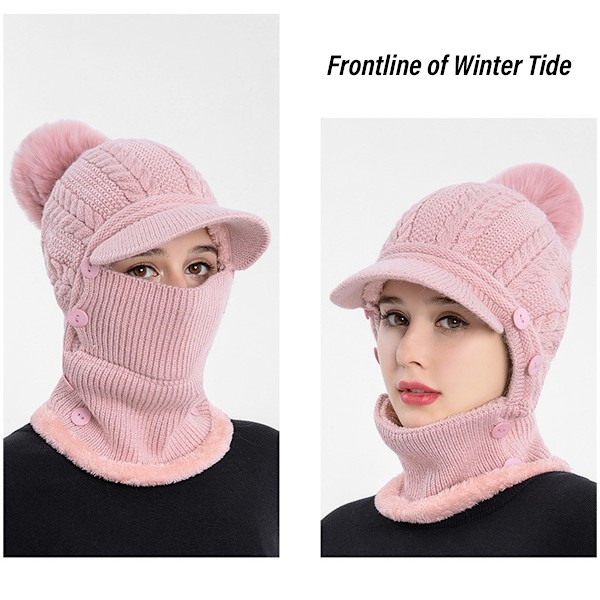 Damer Vinter Beanie Hat Én-delt Fleeceforet Strikket Balaclava Maske Sæt Skalle Hals Cirkel Sjal Ski Sne Hat Kasket med Pompom