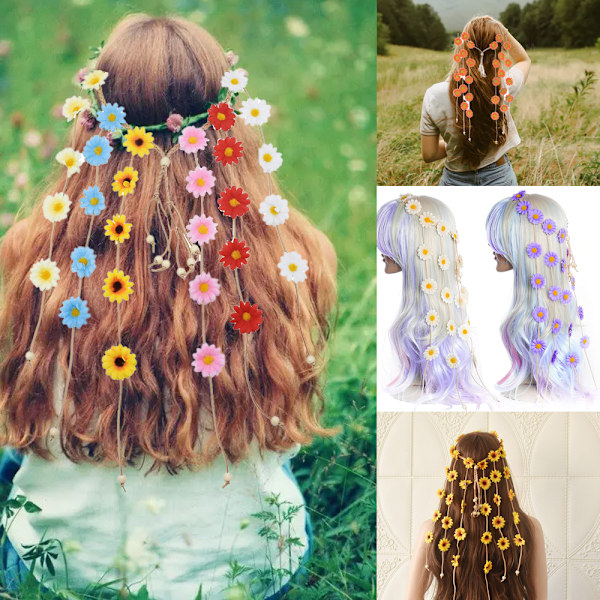 Hodebånd Blomsterkrans, Kvinne Hippie Hodeplagg Justerbar Blomst Hodeplagg Hårtilbehør
