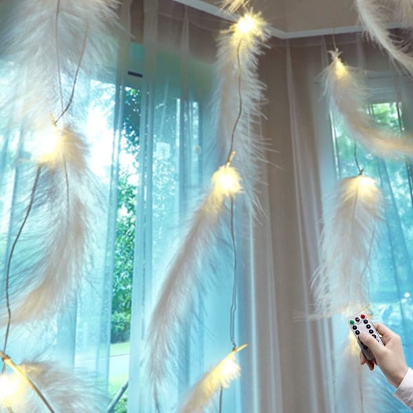 Feather String Lights, led dekorativa lampor, Fjärrkontroll Romantisk vägghängande gardin dekoration$Fjäder String Lights Fairy Lights Batteri