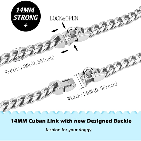 Guld Hundkedja Halsband med Säkert Spänne med Ice-Out Cubic Zirconia Stenar 33K Metall Stainles Steel Cuban Link Kedja Stark Tungt Tjänst Promenad