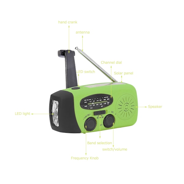 Handvevad Solradio Multifunktionell Nödradio LED-radio med Ficklampa för Utomhuscamping Green America