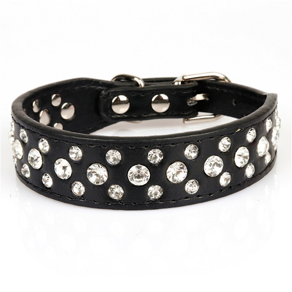 Rhinestone PU Läder Kristall Diamant Husdjur Hund Katt Valp Halsband Svart