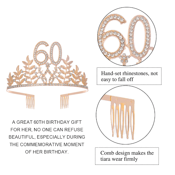 60-årsdag Sash og Krone hårbånd for Kvinner, Bursdagskrone for Glad 60-årsdag Festdekorasjoner