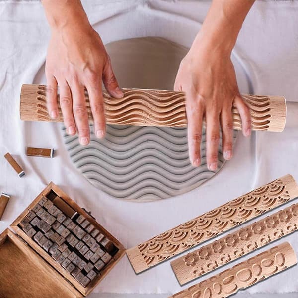 6 Pcs Clay Modeling Pattern Rollers, Texture Rollers for Clay Wood Handle Pottery Tools Stars Wood [TT]