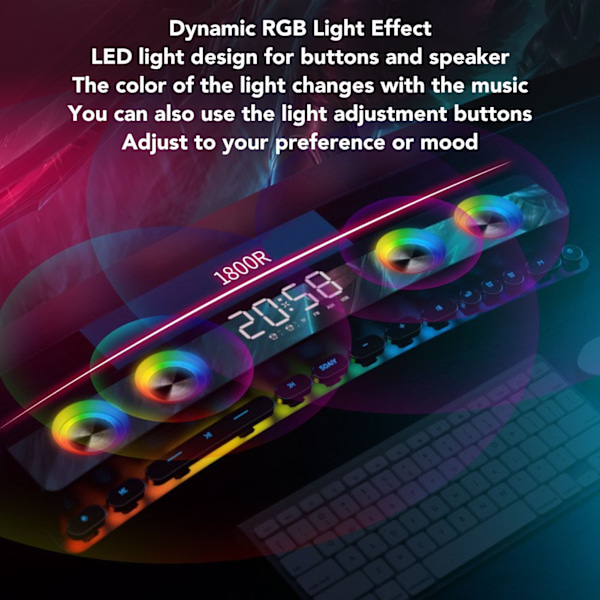 Bluetooth-högtalare för dator HiFi Subwoofer Dynamisk RGB PC-spelhögtalare med FM-radio väckarklocka 13 mekaniska tangenter Svart